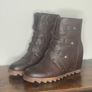 Dark Brown Faux Leather Wedge Women's Boots